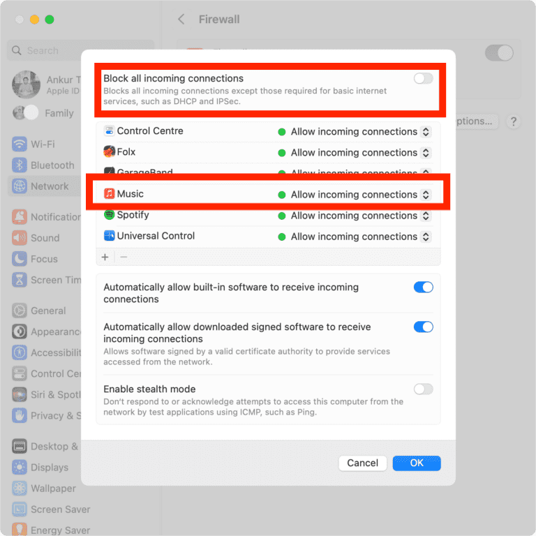 Allow Apple Music Through Firewall
