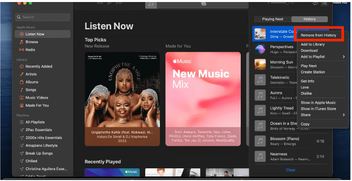 Cancella Apple Music riprodotto di recente Mac