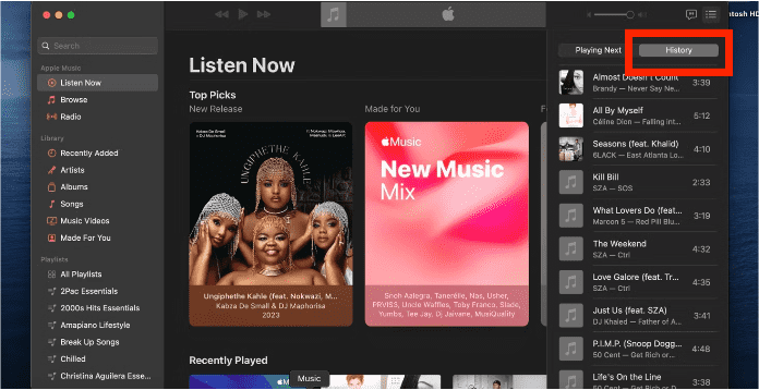 Apple Music Onlangs afgespeeld Mac