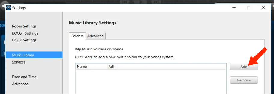 Configurações da biblioteca de música Sonos