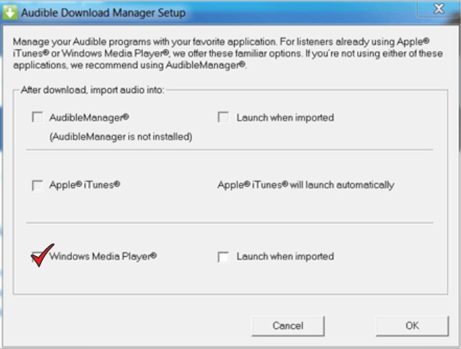 Utilisation d'Audible Download Manager pour importer de l'audio vers Windows Media Player