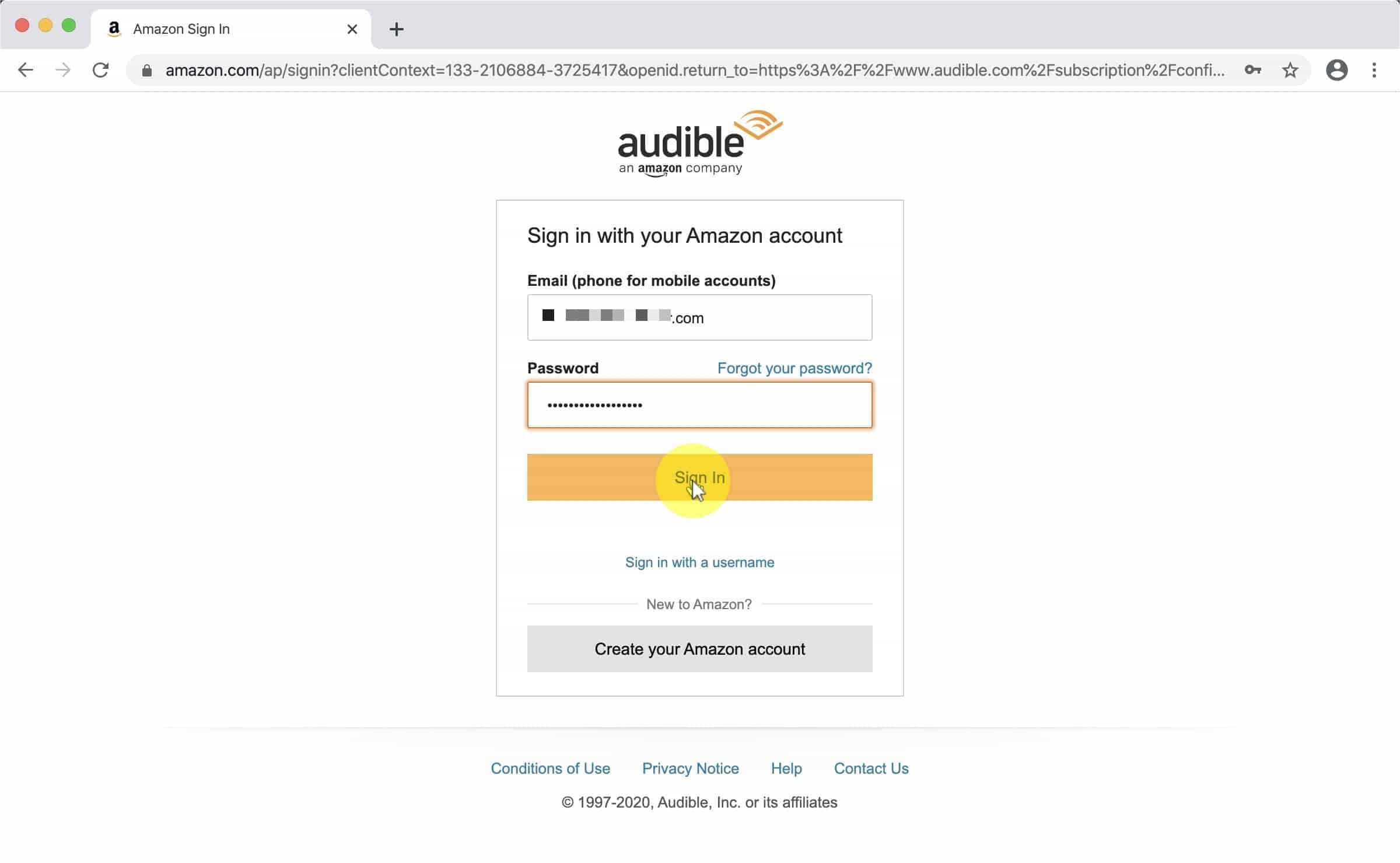 قم بتسجيل الدخول إلى حساب Audible الخاص بك