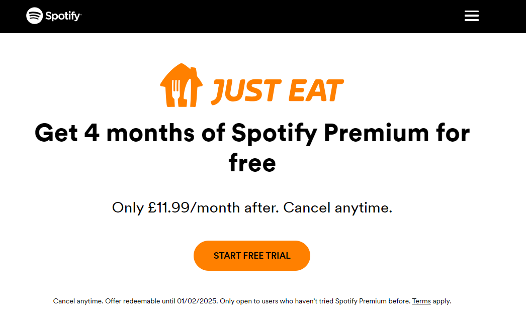 Just Eat 4 个月 Spotify Premium