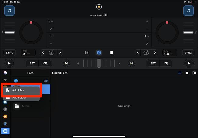 djay Pro 「ファイルの追加」を選択します