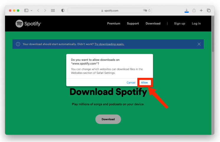 Разрешить загрузку Spotify на Mac