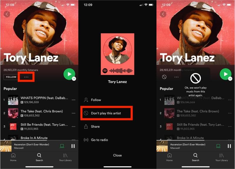 Bloquear artista de Spotify en el móvil