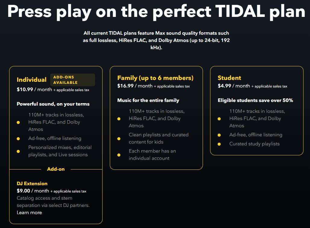 Prix ​​de l'abonnement Tidal