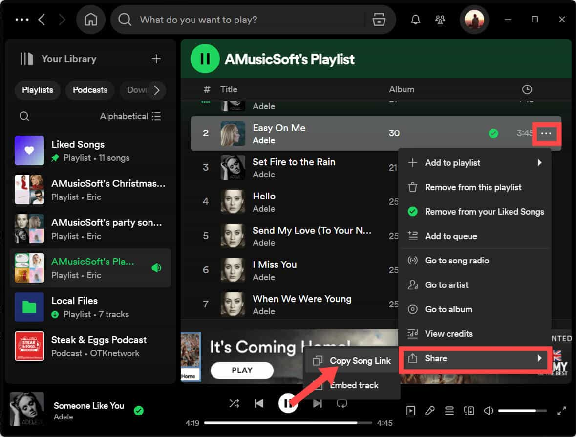 Copia il collegamento della canzone di Adele a Spotify sul PC