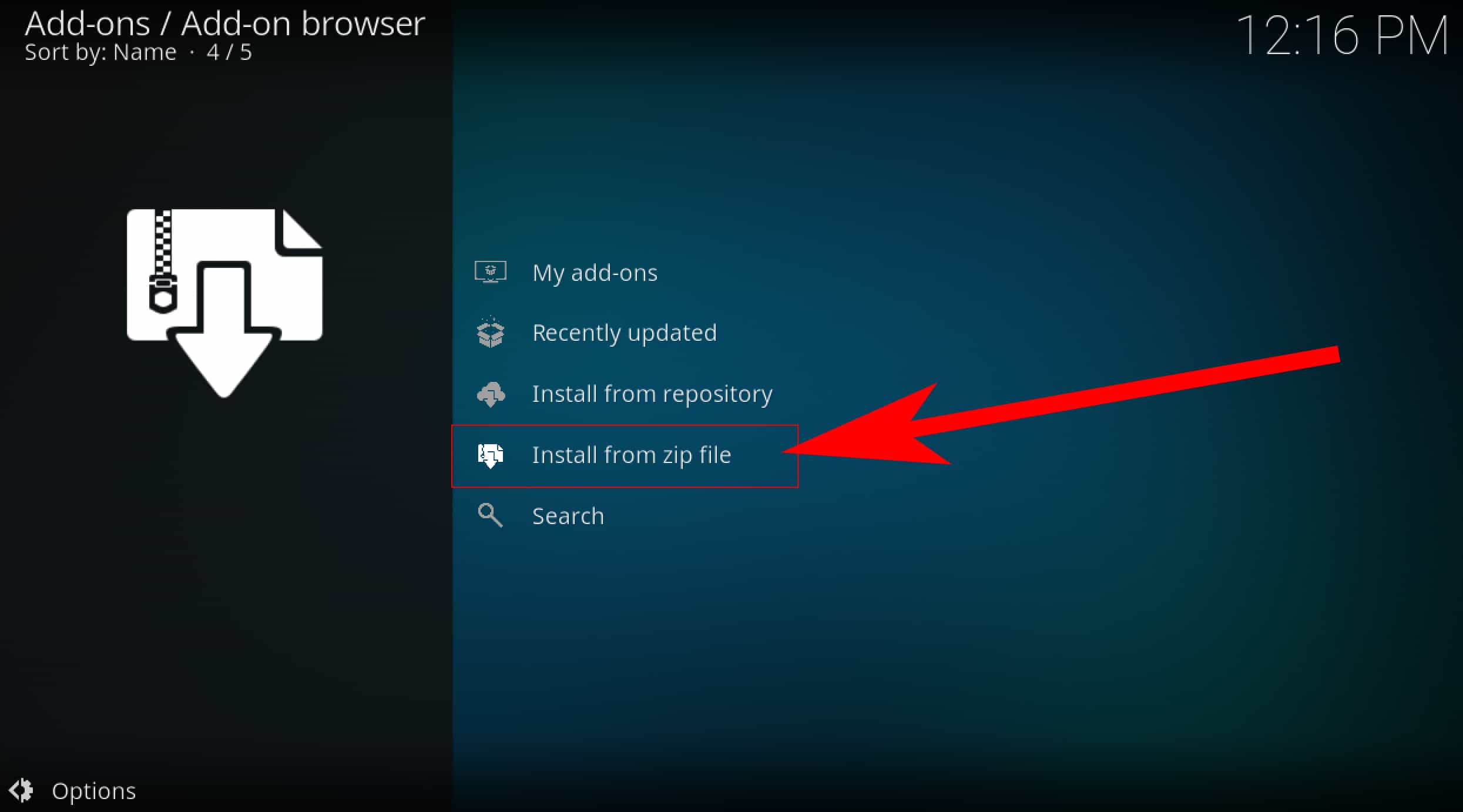 Arquivo ZIP de instalação do Kodi