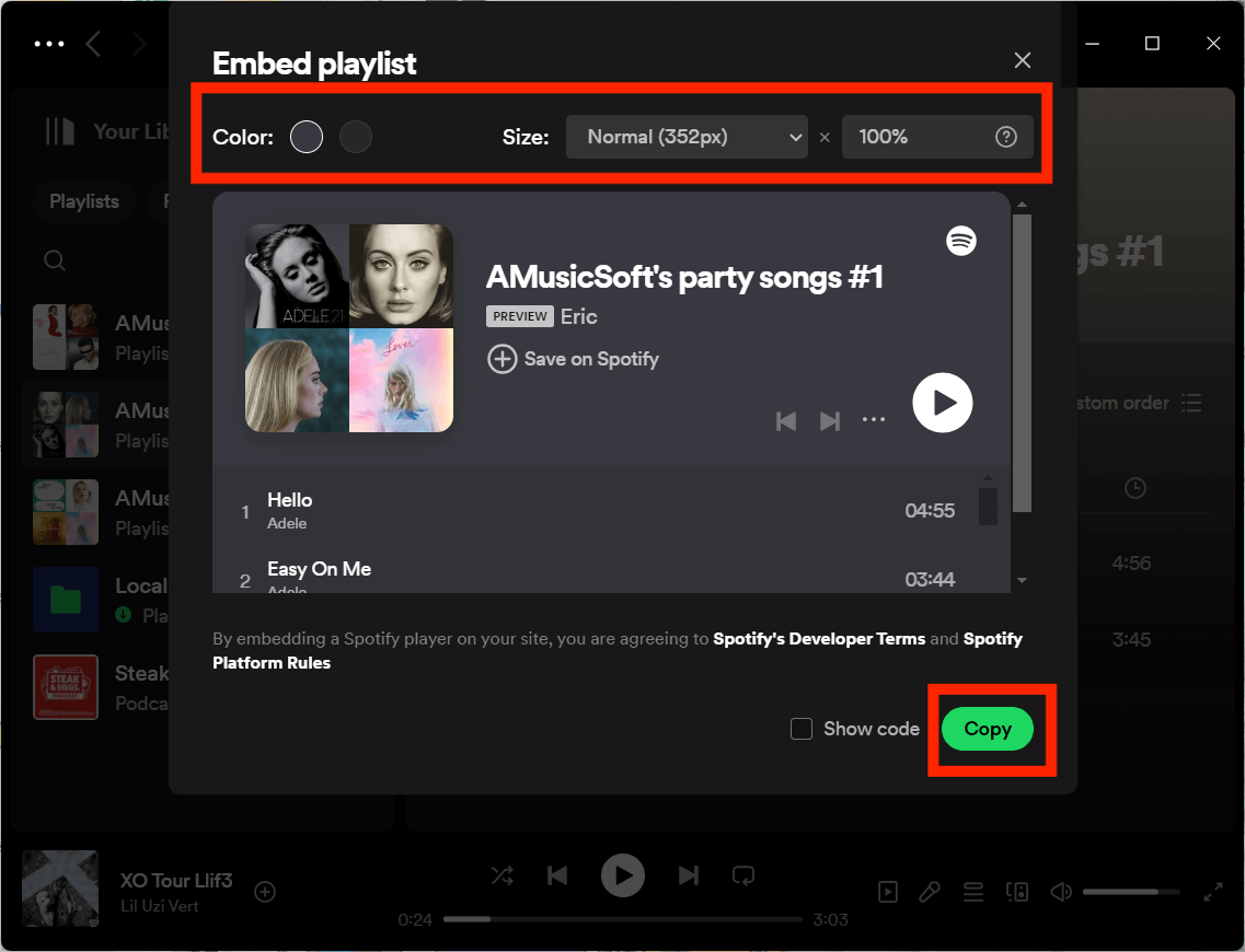 Lista de reproducción integrada de Spotify para escritorio