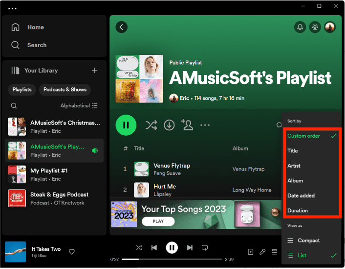 Modifier l'ordre des chansons Spotify sur le bureau