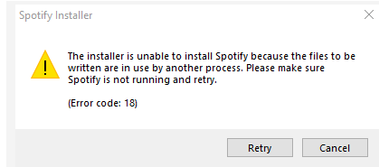 Не удается установить Spotify Ошибка 18
