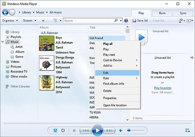 Windows Media Player 편집을 선택합니다.