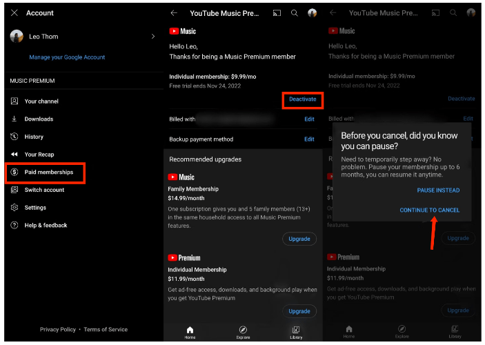 Android Cancel YouTube Music Premium