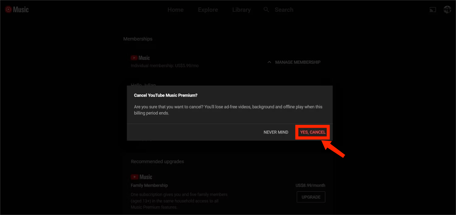 Web Browser Cancel YouTube Music Premium