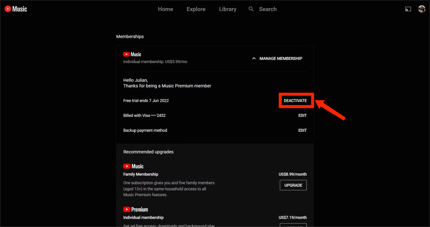 Cancel YouTube Music Premium