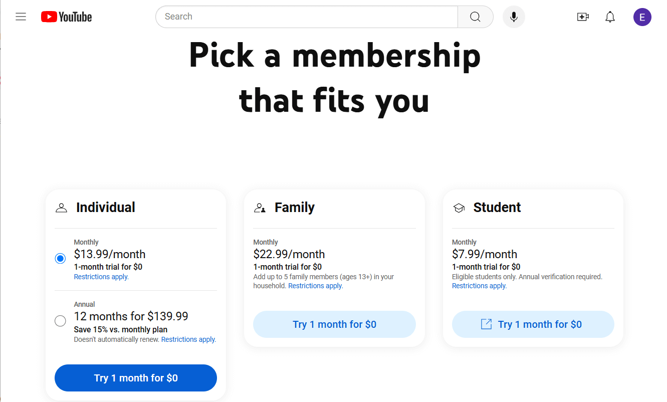 YouTube Premium Pricing